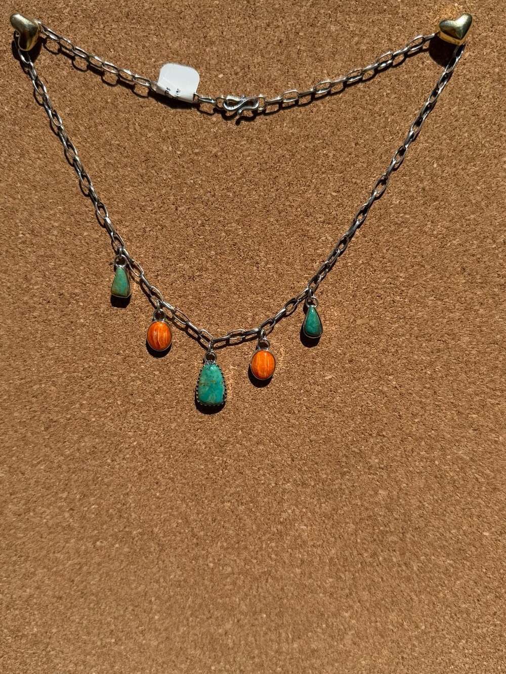 925 Sterling Silver Turquoise and Orange Spiny Charm Necklace